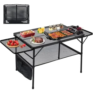 4.4FT Folding Grill Table, Height Adjustable Metal with Mesh Desktop